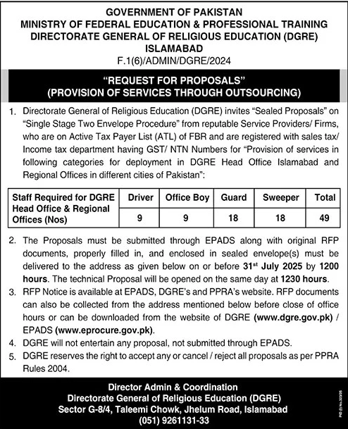 Ministry of Federal Education & Professional Training Islamabad Tender Notice